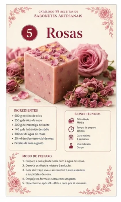 Ficha de receita de sabonete artesanal de rosas
