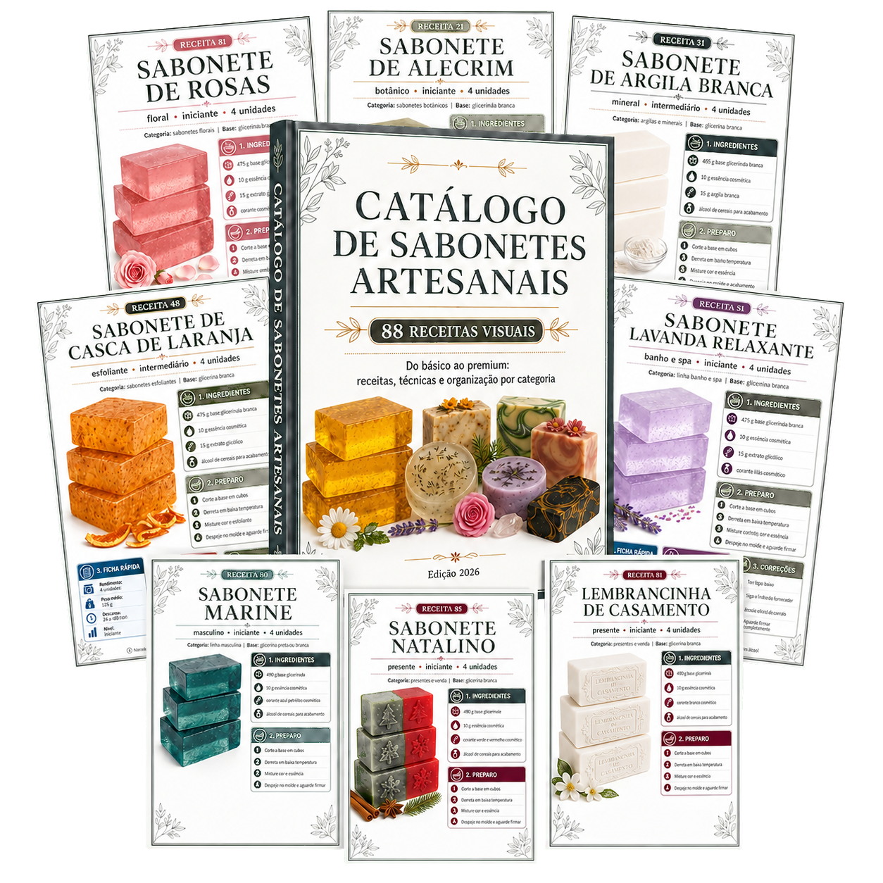 Catalogo de Sabonetes Artesanais com 88 receitas visuais cercado pelas fichas de receita