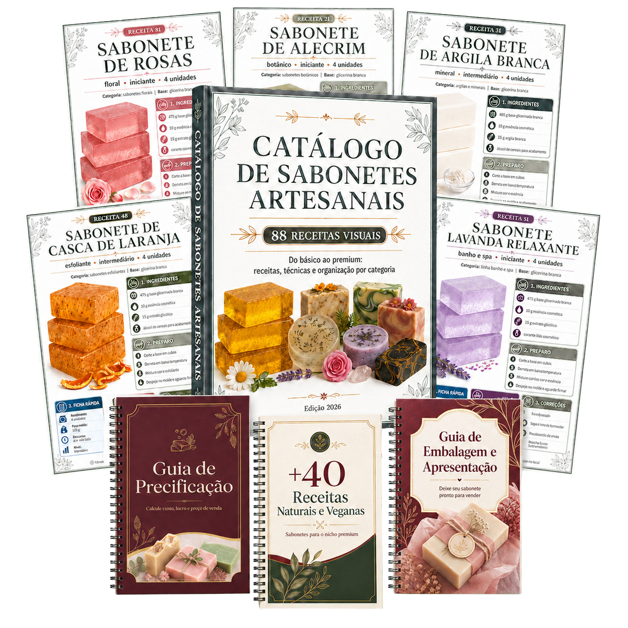 Catálogo de Sabonetes Artesanais com 88 receitas visuais, capa do livro cercada por fichas de receita