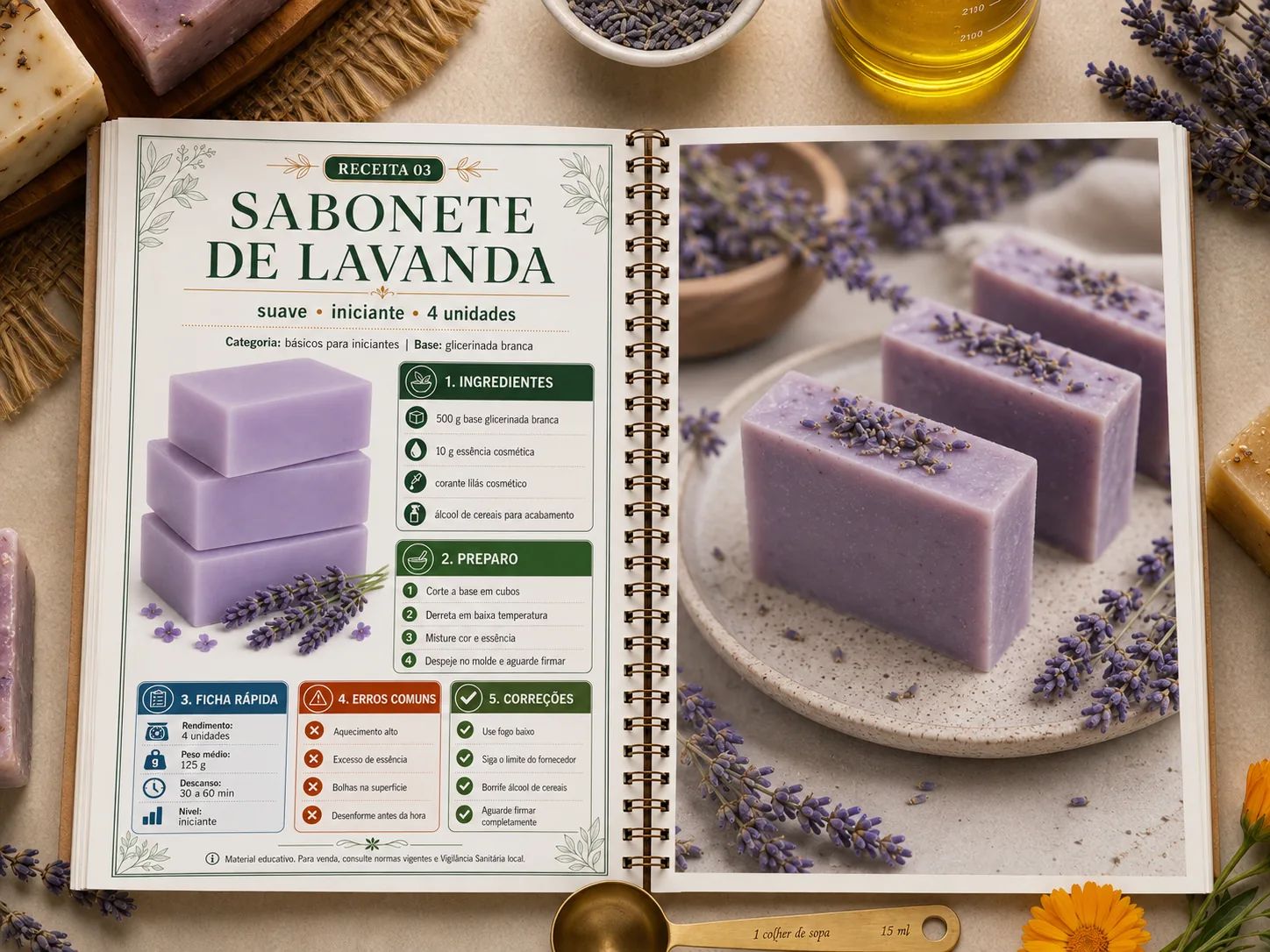 Pagina do catalogo com a receita completa do sabonete de lavanda: ingredientes, preparo, ficha rapida, erros comuns e correcoes