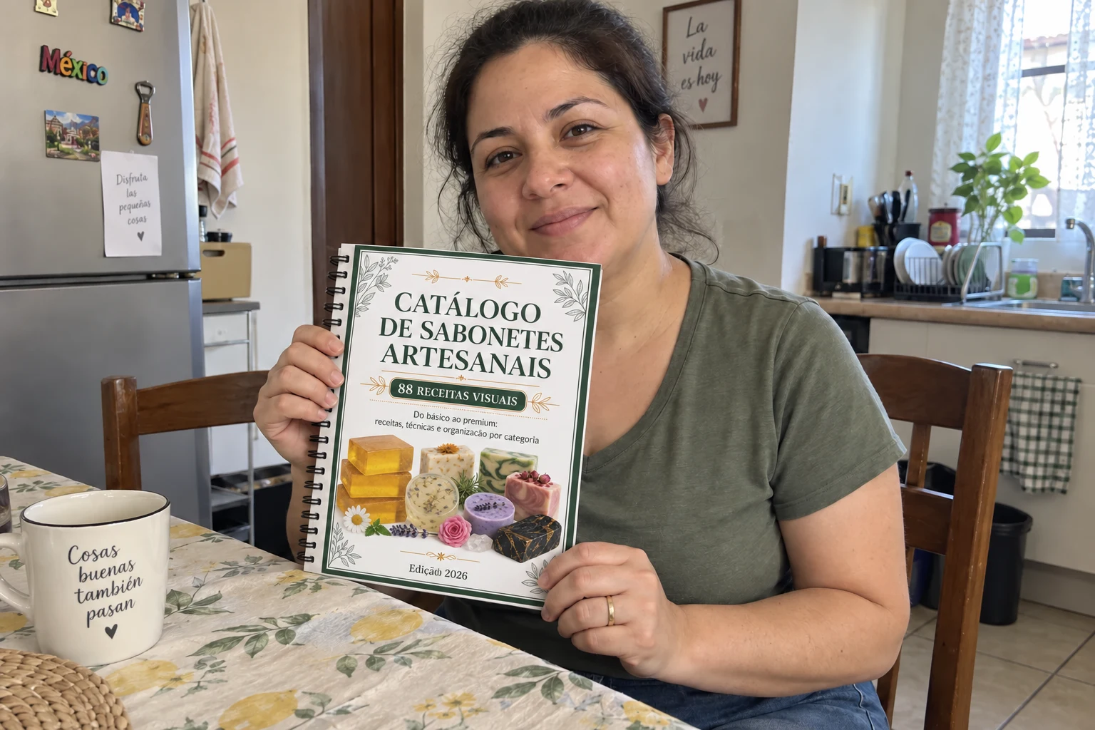 Artesã segurando o Catálogo de Sabonetes Artesanais