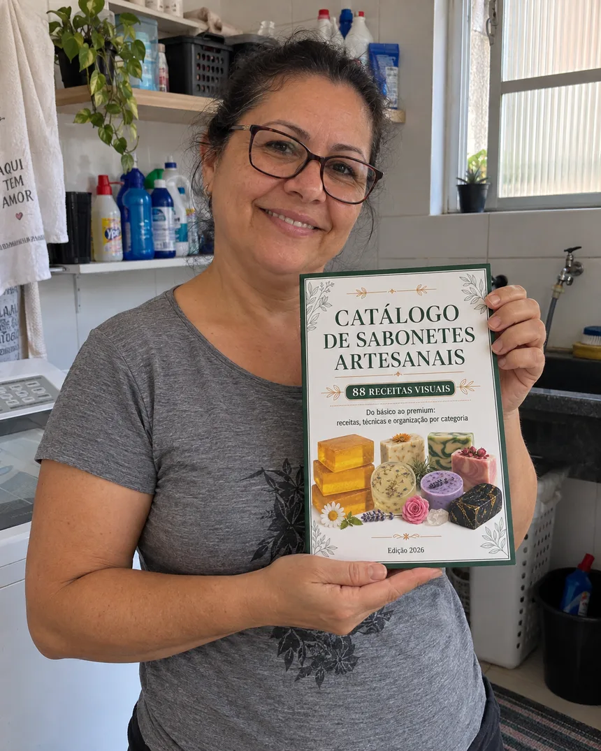 Cliente segurando o Catálogo de Sabonetes Artesanais