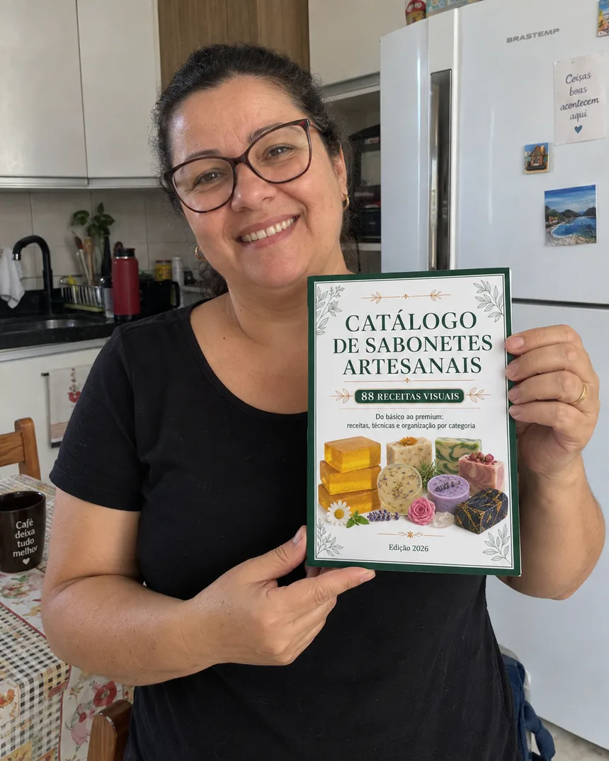 Cliente segurando o Catálogo de Sabonetes Artesanais