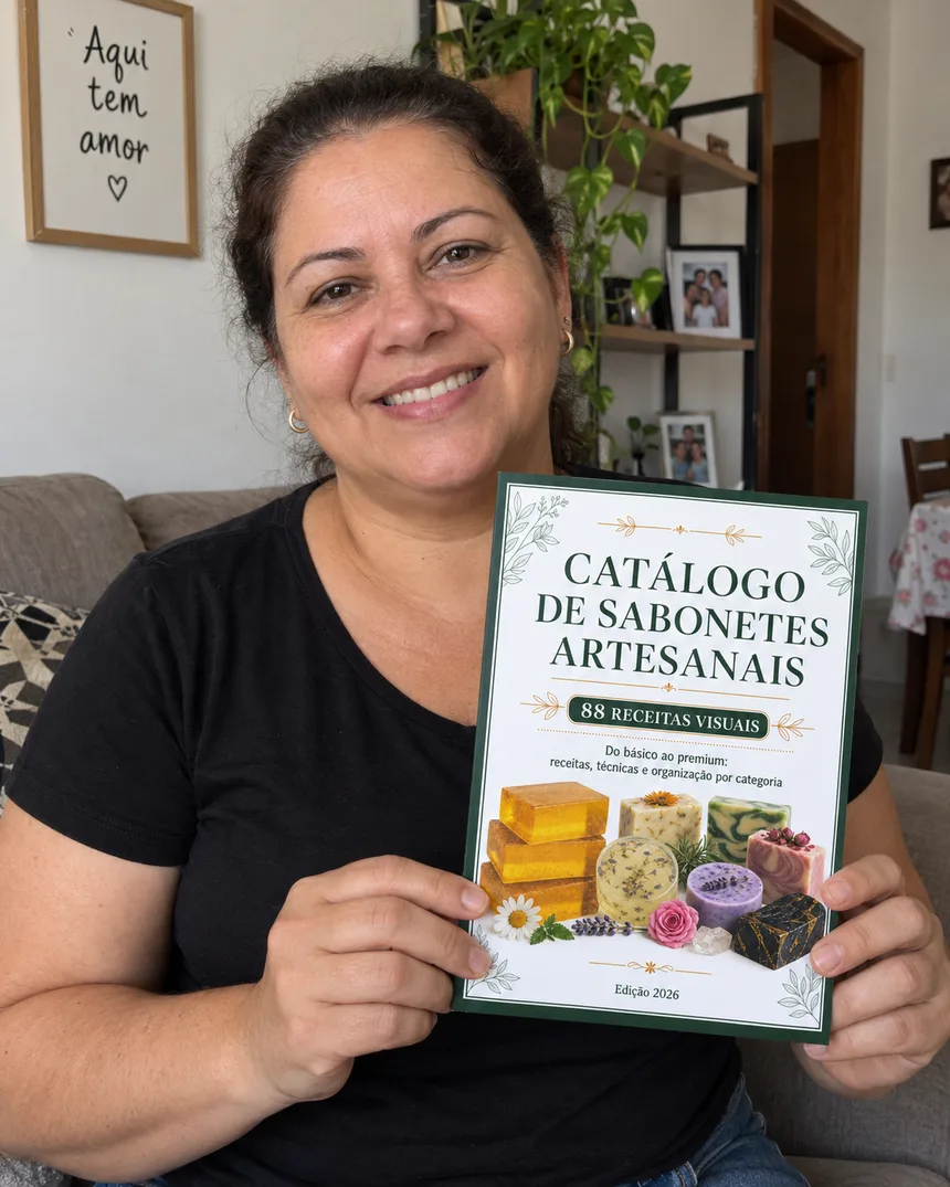 Cliente segurando o Catálogo de Sabonetes Artesanais